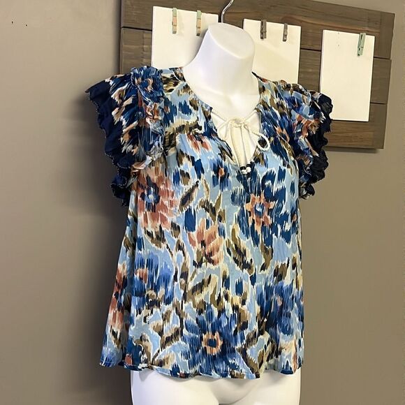 House of Harlow 1960 Boho Floral Ruffled Sleeve V-Neck Blouse w/ Rope Tie-Small - Picture 3 of 15
